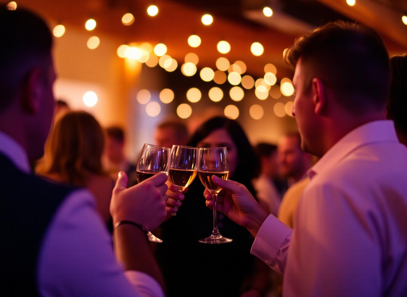 Moment de célébration lors d'un événement, verres levés sous des lumières chaleureuses