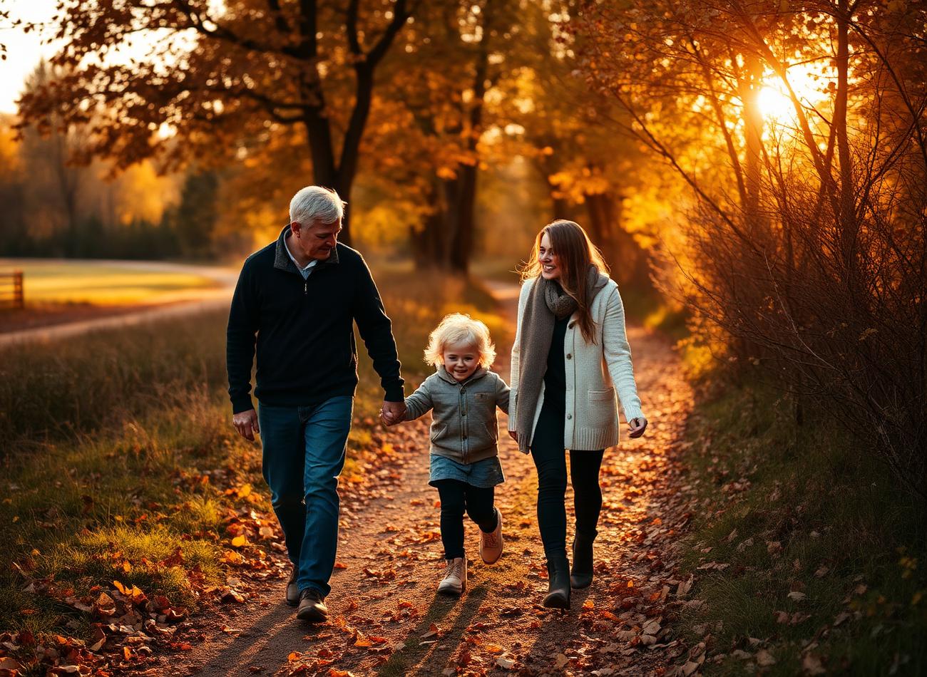 Famille marchant sur un sentier automnal à l'heure dorée