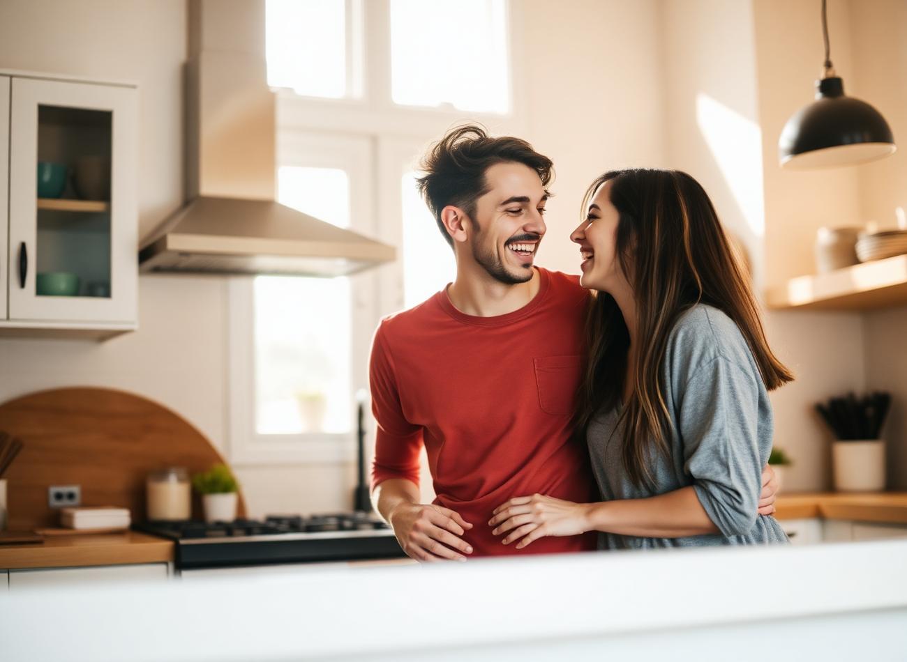 Couple riant dans une cuisine ensoleillée, ambiance naturelle et spontanée