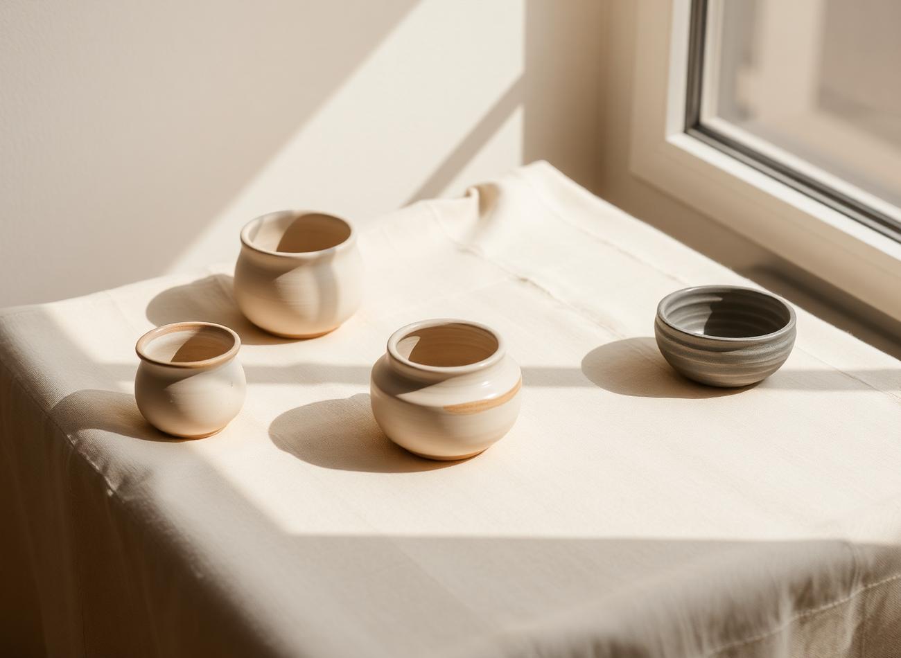 Objets en céramique photographiés sur une nappe de lin en lumière naturelle