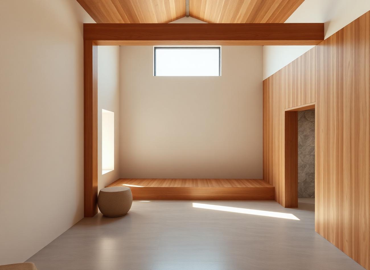 Intérieur architectural minimaliste en bois et pierre baigné de lumière